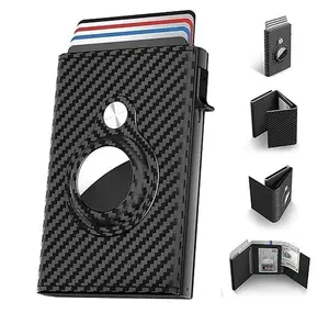 Mens Smart Wallet Card Holder Leather Slim Carbon Fiber Minimalist 9-14 Card Capacity | ID Window | Cash Slot Black Triple fold