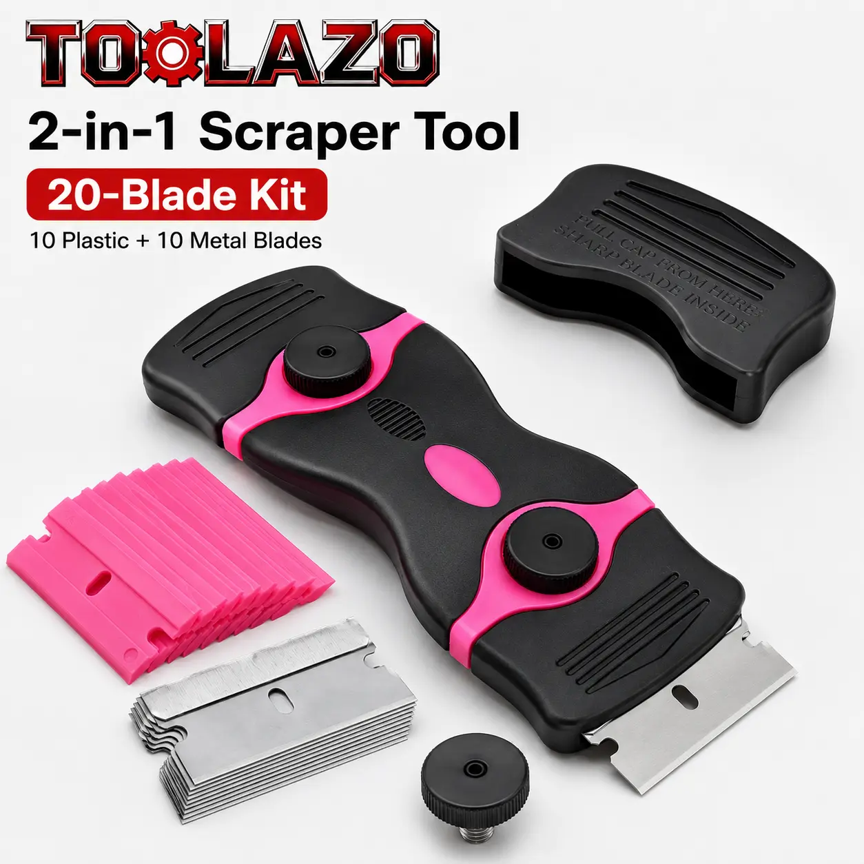 TOOLAZO Compact 2-in-1 Plastic Razor Blade Scraper with 20 Disassemblable Double-Edged Blades, ABS Curved Ergonomic Anti-Slip Handle for Home Cleaning, Window, Floor Stickers & Caulk