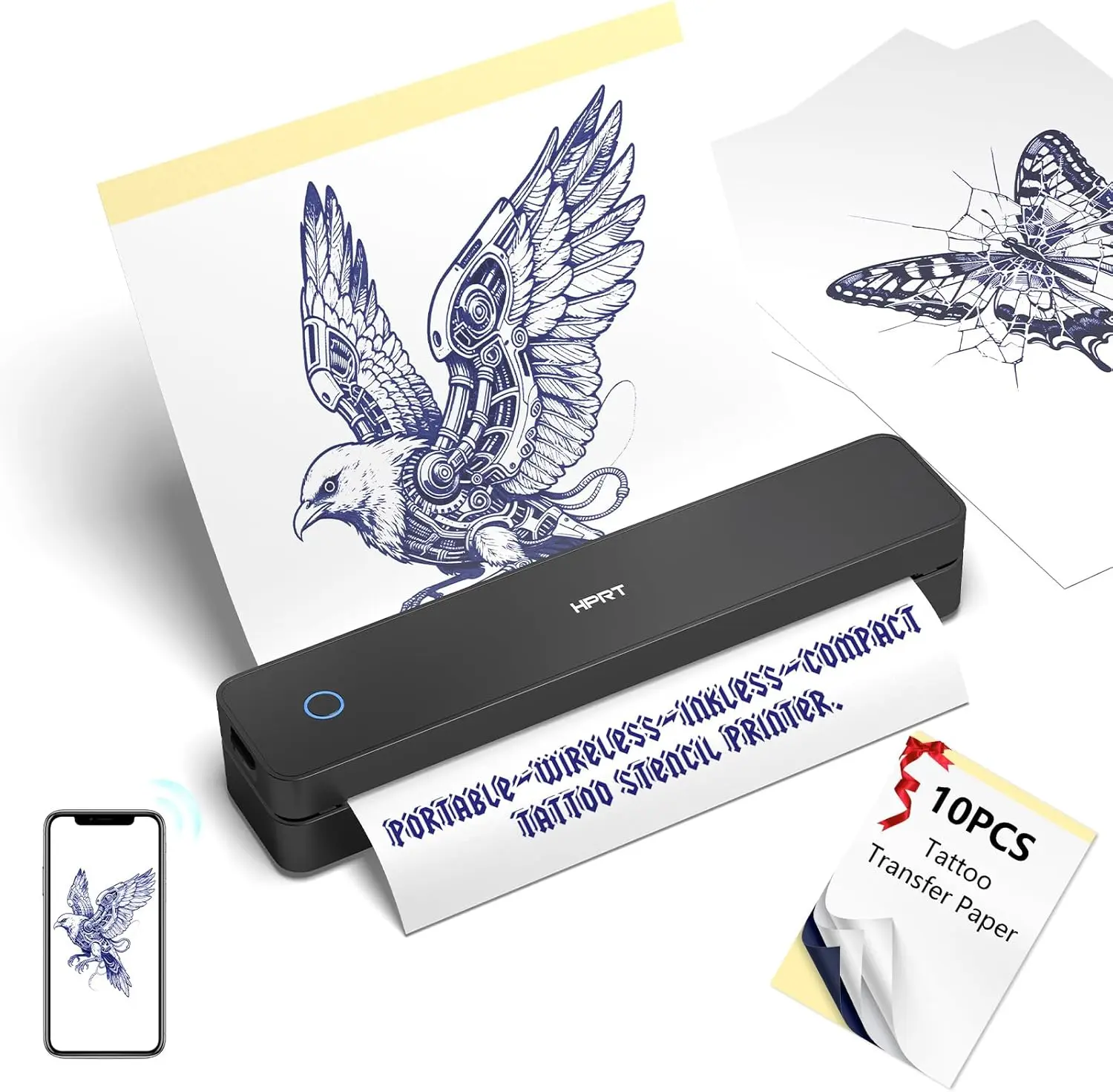 HPRT MT660 Portable Inkless Thermal Tattoo Stencil Printer, Wireless Tattoo Machine with 10 Transfer Papers, 2000mAh Batteries, 96-Hour Runtime, Compatible with iPhone & PC for Studio Artists