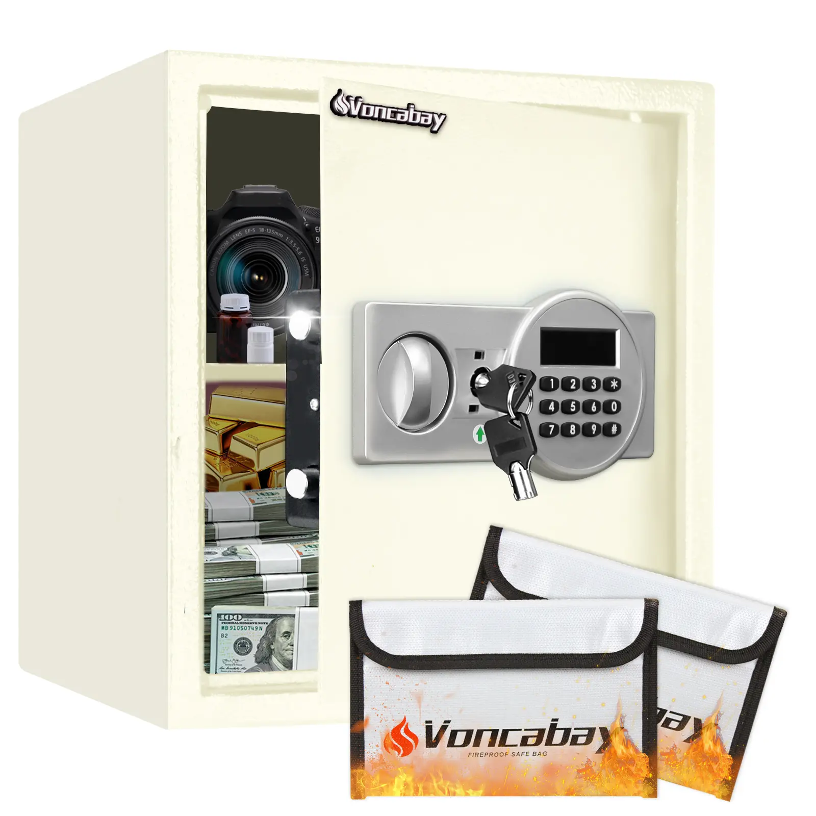 Voncabay 1.5 Cu Ft Digital Lock Security Safe - LCD Display, Removable Shelf, Emergency Keys, 2 Bonus Fireproof Bags - Fire-Resistant Modern Protection Personal-Safe for Cash & Valuables, Digital Lock Safe, Security Safes