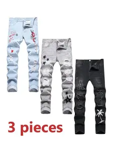 Men’s 3-Pack Ripped Jeans, Blue/Gray/Black Casual Street Style Denim Pants, Breathable Comfortable Stretch Jeans for Autumn/Winter, Classic Fit Fashion  stylish Trousers Men’s Sizes 28–40