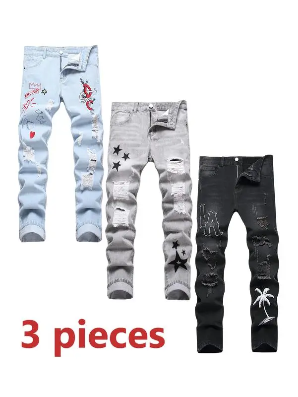 Men’s 3-Pack Ripped Jeans, Blue/Gray/Black Casual Street Style Denim Pants, Breathable Comfortable Stretch Jeans for Autumn/Winter, Classic Fit Fashion  stylish Trousers Men’s Sizes 28–40 Streetwear Slim Fit