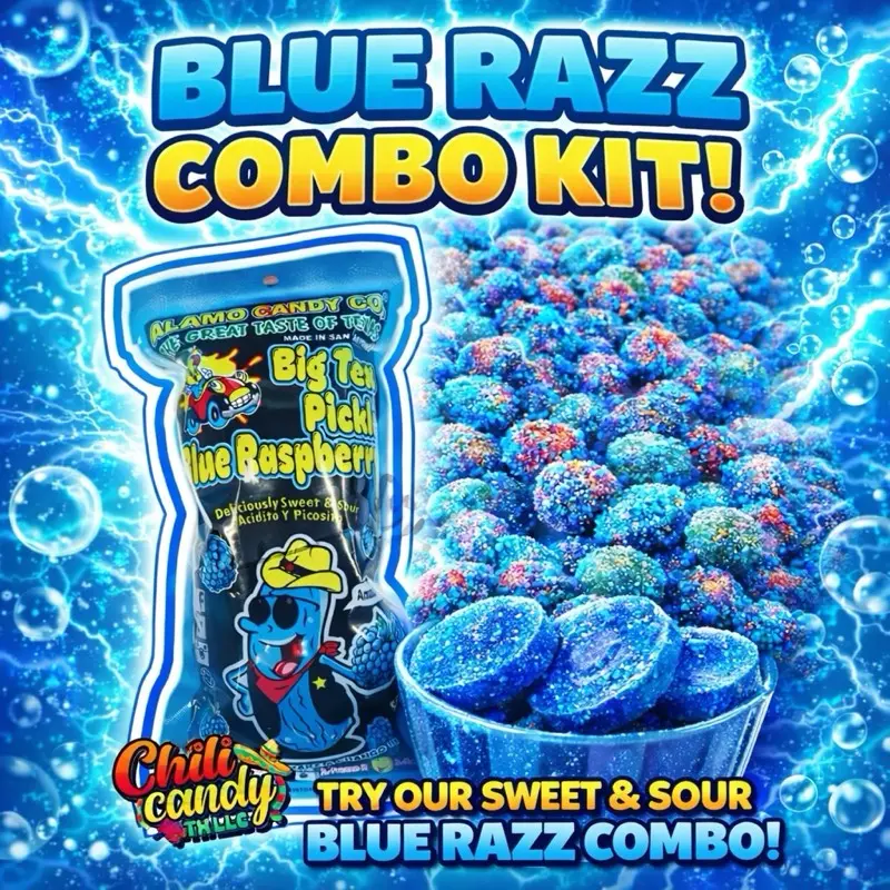 Viral Blue Razz Combo Kit | 2oz bag of Sour Blue Razz Gushers + Blue Raspberry Pickle Slices Snack Treat Candy Tasty kit