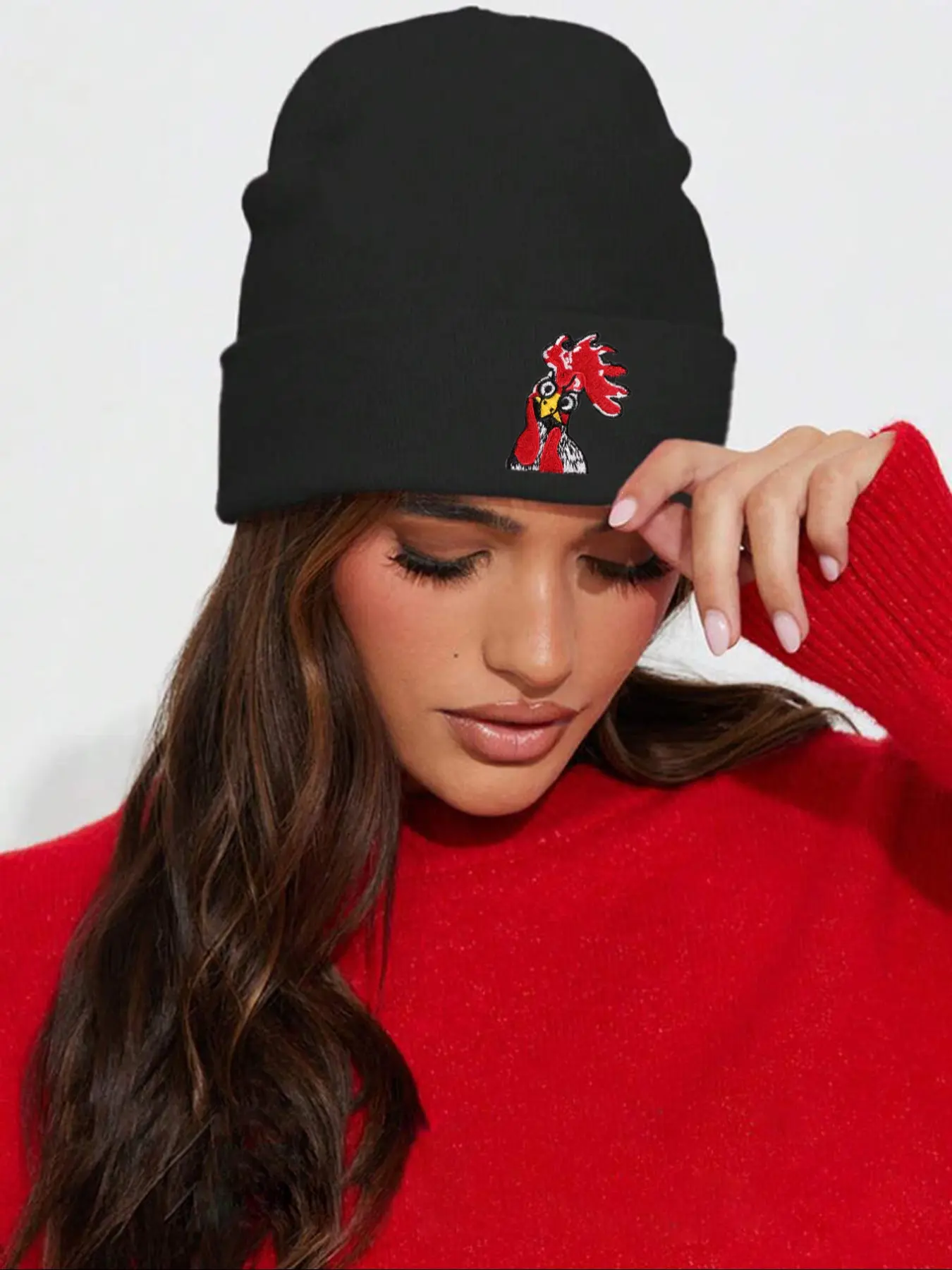 Cartoon Rooster Embroidery Beanie, Unisex Winter Hat, Fitted Casual Style, Fall & Winter Outdoor Knit Caps for Men & Women