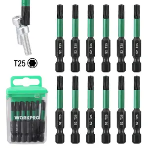 WORKPRO Torx Impact Screwdriver Bit Set, CNC Machined S2 Steel Tips with Magnetism, 1/4” Hex-Shank Star Driver Bit, Long Impact Screwdriving Bits with Storage Box