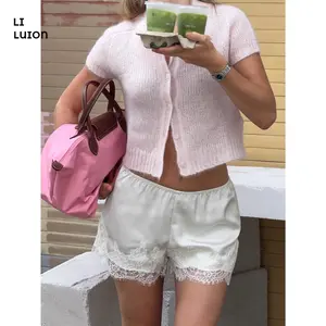 Women Satin Lace Micro Shorts Silk Patchwork Low Rise Lounge Pajama Bottoms Silky Elastic Waist Bloomer Mini Shorts