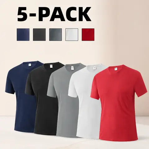 Men's 5-Piece Polyester Sports Activewear Set - Athleisure Wear, Lightweight Fitted Outfits, Breathe Sports T-Shirt, Micro-Stretch Sweat-Wicking Tops, Quick-Dry Slim-Fit, All-Seasons Outdoor Training (Size Up for Enhanced Performance, Stay Dry Focused)