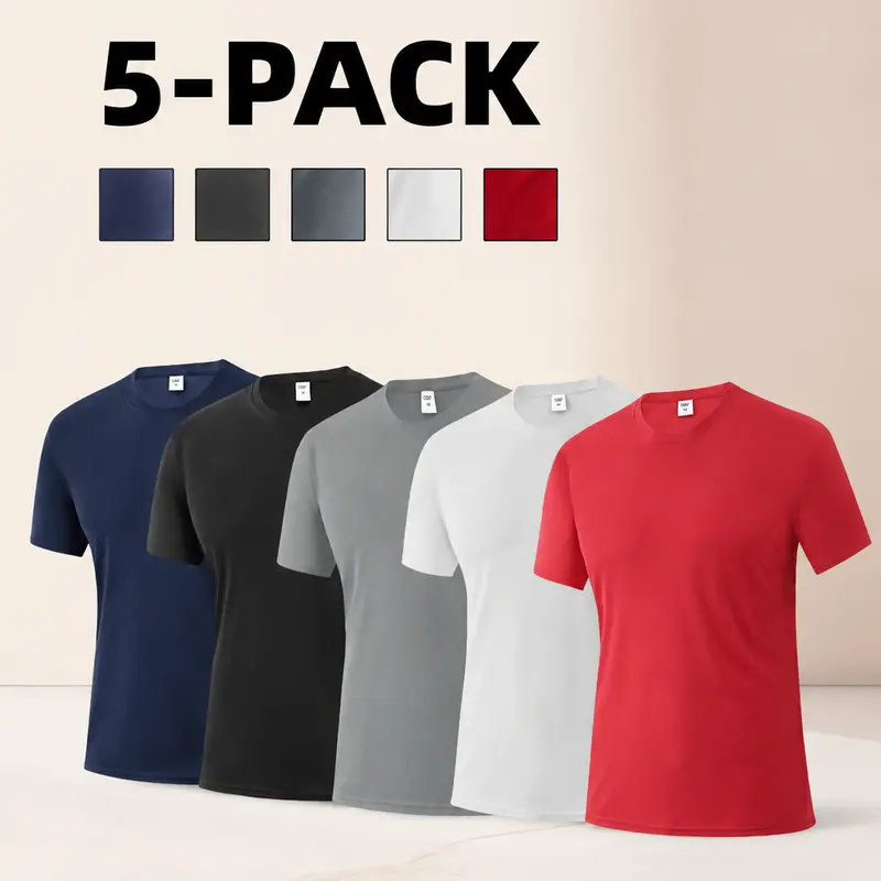 Men's 5-Piece Polyester Sports Activewear Set - Athleisure Wear, Lightweight Fitted Outfits, Breathe Sports T-Shirt, Micro-Stretch Sweat-Wicking Tops, Quick-Dry Slim-Fit, All-Seasons Outdoor Training (Size Up for Enhanced Performance, Stay Dry Focused)