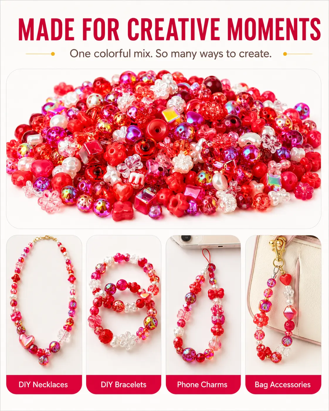 Multicolor Acrylic Charm Bead Mystery , Random Assorted Beads with Bows, Hearts, Flowers and Iridescent Shapes for DIY Jewelry Making car hanger mix