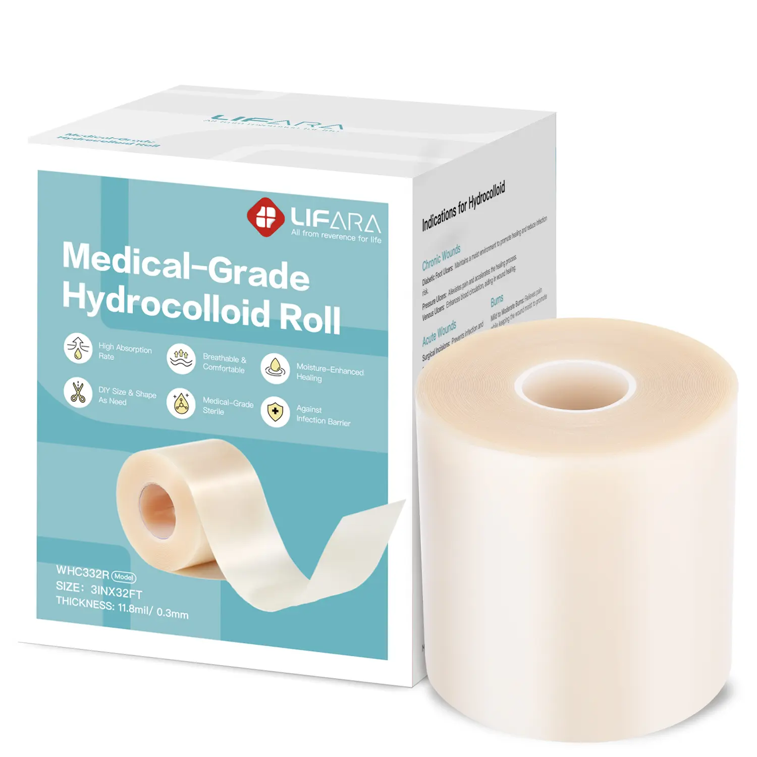 LIFARA Medical-Grade Hydrocolloid Gauze Roll - Waterproof, Highly Absorbent, Flexible, Self-Adhesive Healthcare Essential for Wound Care, Cut-to-Size Extra Large (3in*32ft, 11.8mil/0.3mm Thickness, Prop 65 Safe)