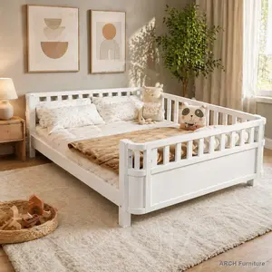 Full Size Wood Platform Safe Sleep Bed for Kids - Low Profile Wood Bed with Rails, White (Patented Design, Old SKU W2593P233767) Wooden Bed Wooden Frame Bed