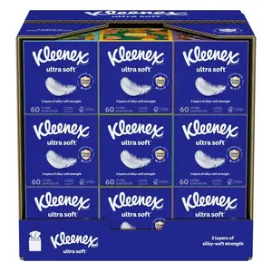 Kleenex Ultra Soft Facial Tissues 1 Cube Box 60 Tissues 3-Ply Silky Soft Strength Clean Shield Technology Hypoallergenic & Allergist Approved