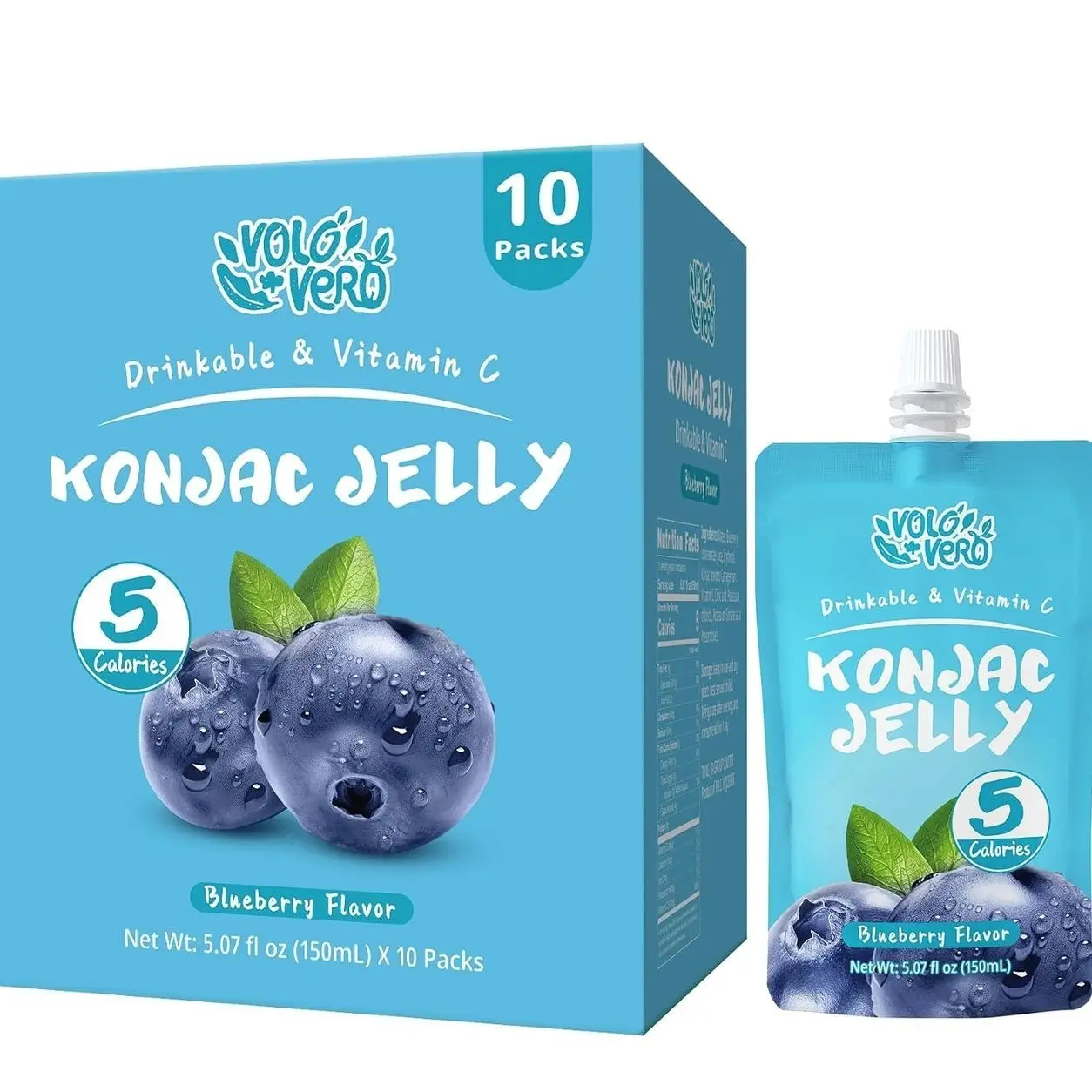 VOLO VERO Konjac Jelly Drinkable Pouch, Blueberry Flavor, 10 Pack | 5 Calories, Gluten Free, Vegan, Low Sugar, Keto, Fat Free, Plant-Based Fruit Snack with Vitamin C | Healthy On-the-Go Gift