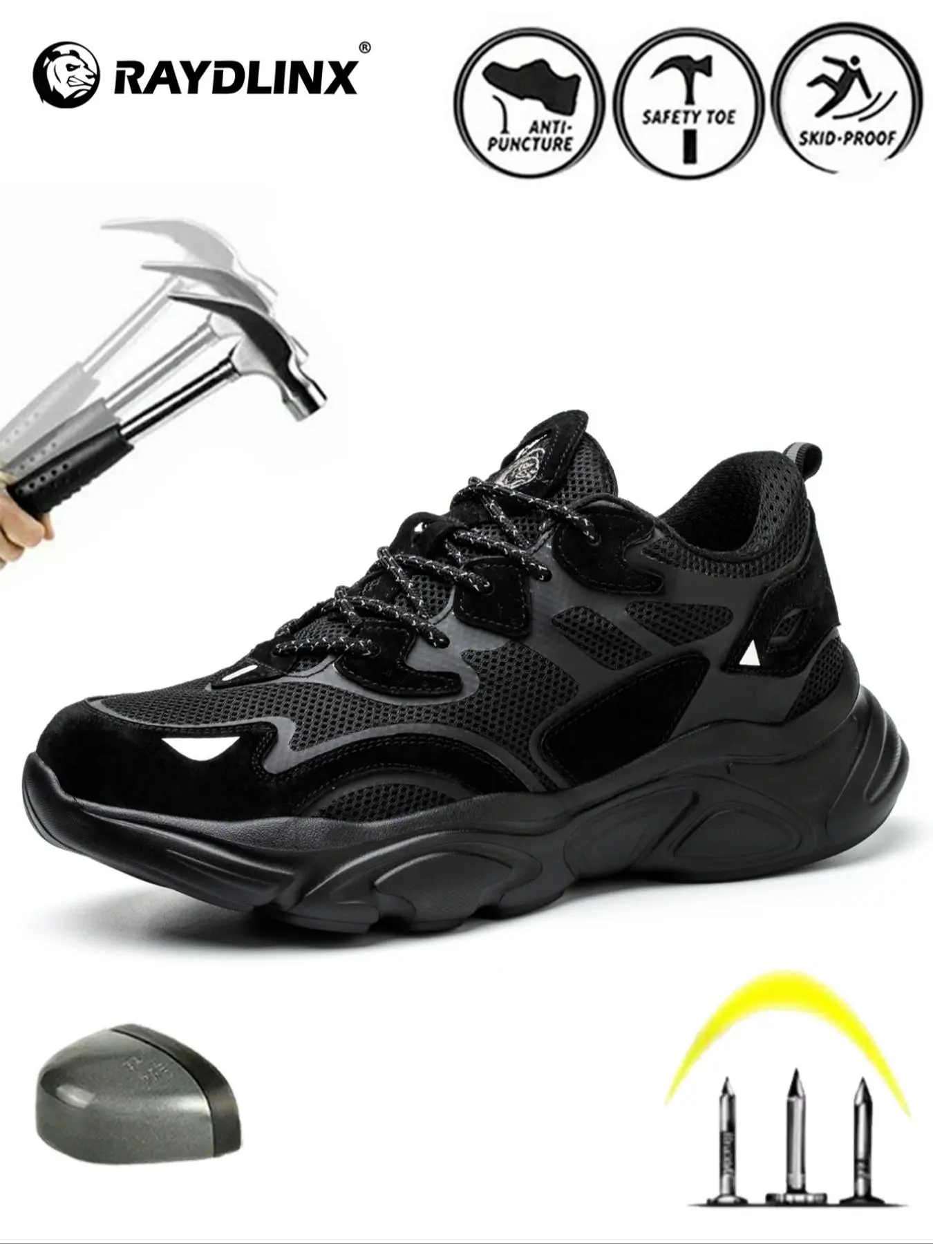 Men's Anti-shock & Anti-puncture Non-slip Work Shoes, Summer Casual Lightweight Comfortable Breathable Anti-slip Safety Shoes, Work Safety Footwear, Fashionable Lace Up Shoes for Work & Daily Wear, Work Protective Shoes