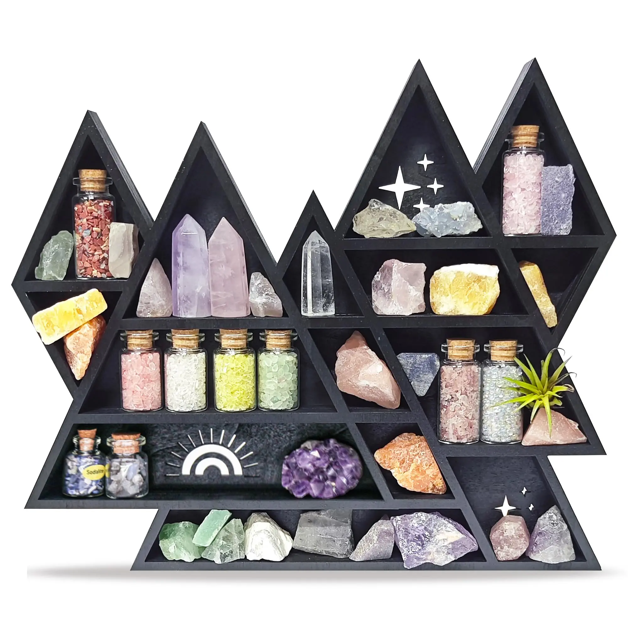 Triangle Mountain Crystal Shelf Display, Trinket Shelf, Rock Display Case | Wooden Triangle Rock Gem Stone Storage Holder, Meditation Room Decor, Spiritual Gift, Wall Hanging, Knick Knacks