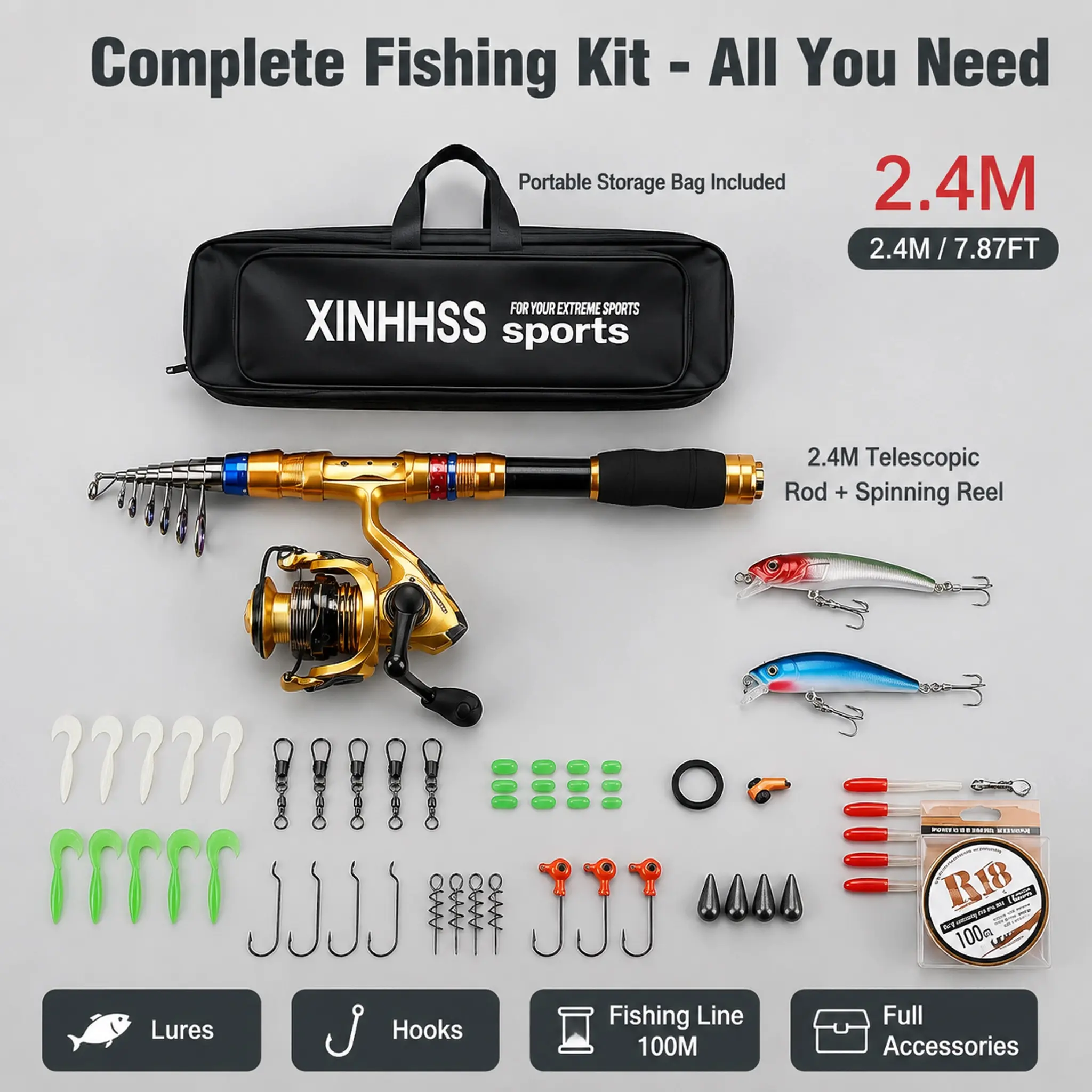 2.4M Telescopic Fishing Rod Combo, Carbon Composite Portable Fishing Pole with Smooth Spinning Reel, Lightweight Retractable Fishing Kit for Freshwater Saltwater Outdoor Fishing