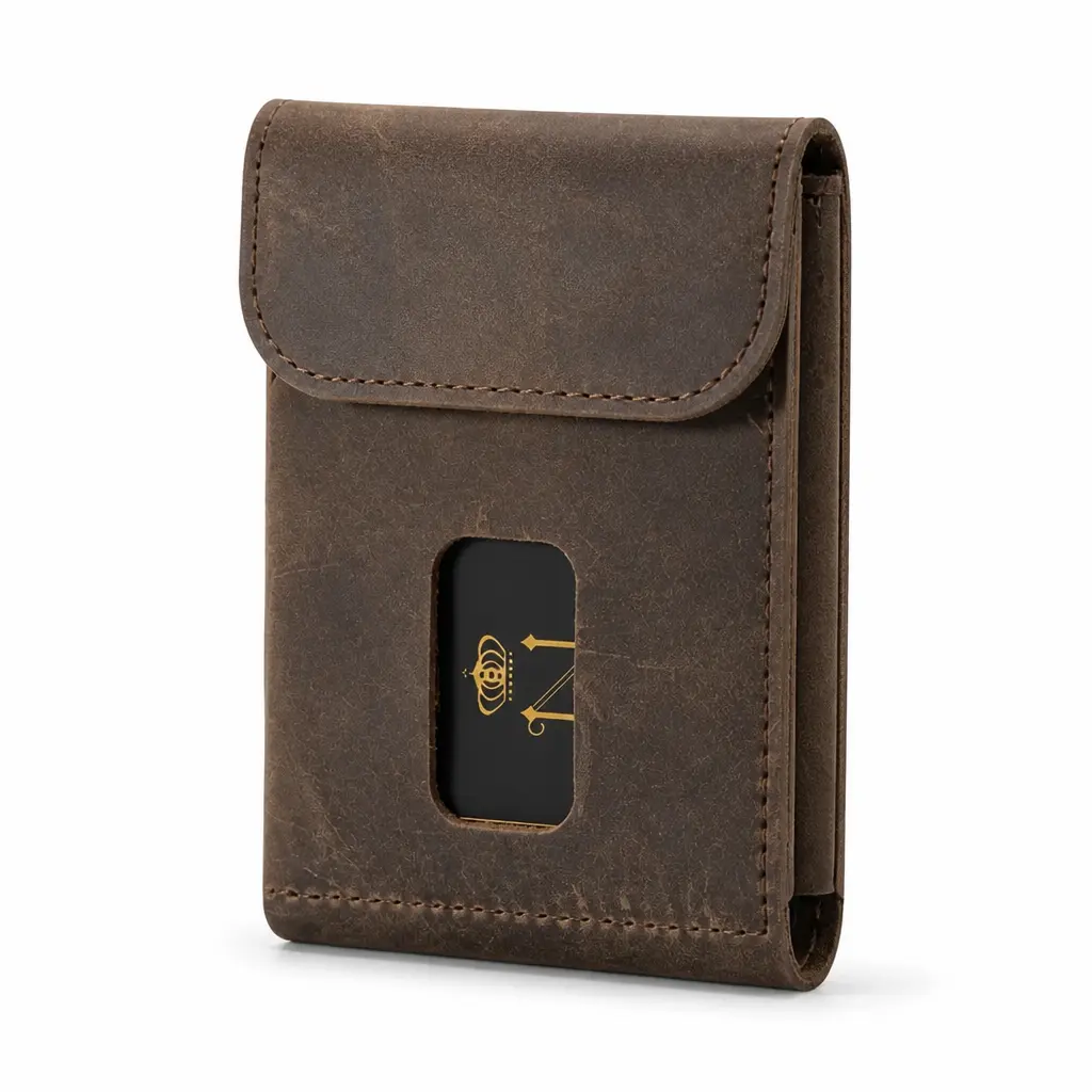 Men's Slim Cash Wallet, Minimalist Card Holder, Magnetic Flap Closure, Full Grain Espresso Crazy Horse Leather
