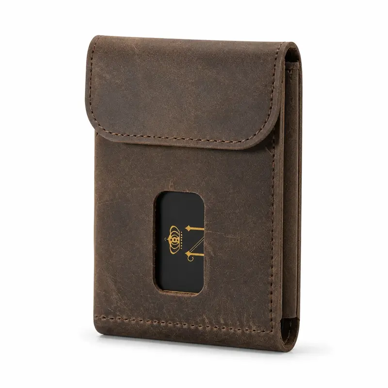 Men's Slim Cash Wallet, Minimalist Card Holder, Magnetic Flap Closure, Full Grain Espresso Crazy Horse Leather