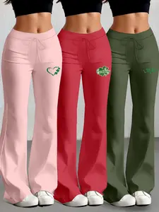 Women's Casual Drawstring Pants Set, Four-Leaf Clover Print Yoga Jogger Shorts, All Season Fitted Flare Leg Design, Flared Yoga Pants