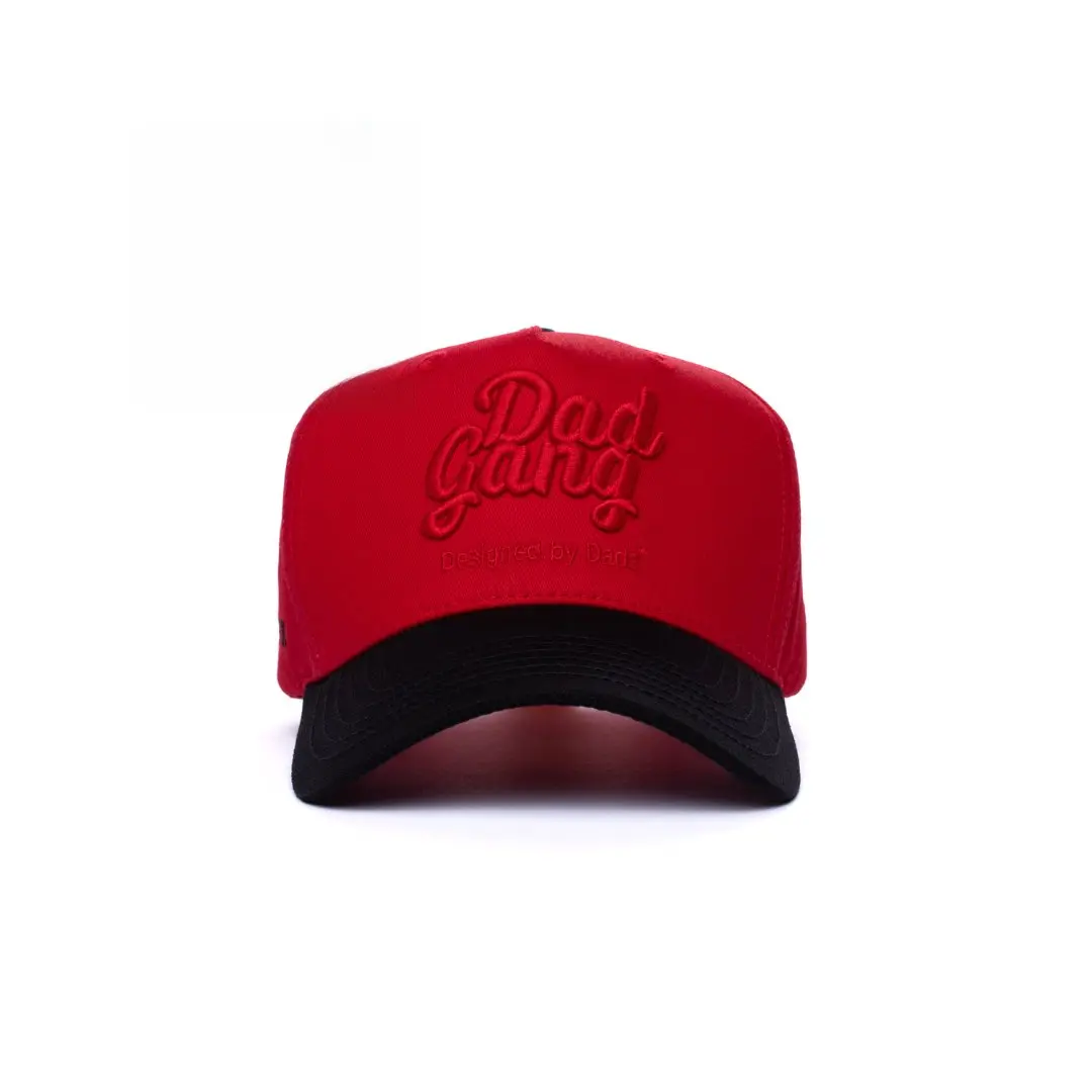 Dad Gang Red on Red (Black Brim) Dad Hat - High Quality, Hand Wash Only, One Size Fits Most, Two Sizes Available, Stains Wash Out Easy