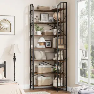 Garvee L-Shaped Corner Bookshelf, 5 to 7 Tier Industrial Style with Beaded Design, Heavy Duty Storage and Display Rack for Living Room, Bedroom, Office, Available in Brown and Black