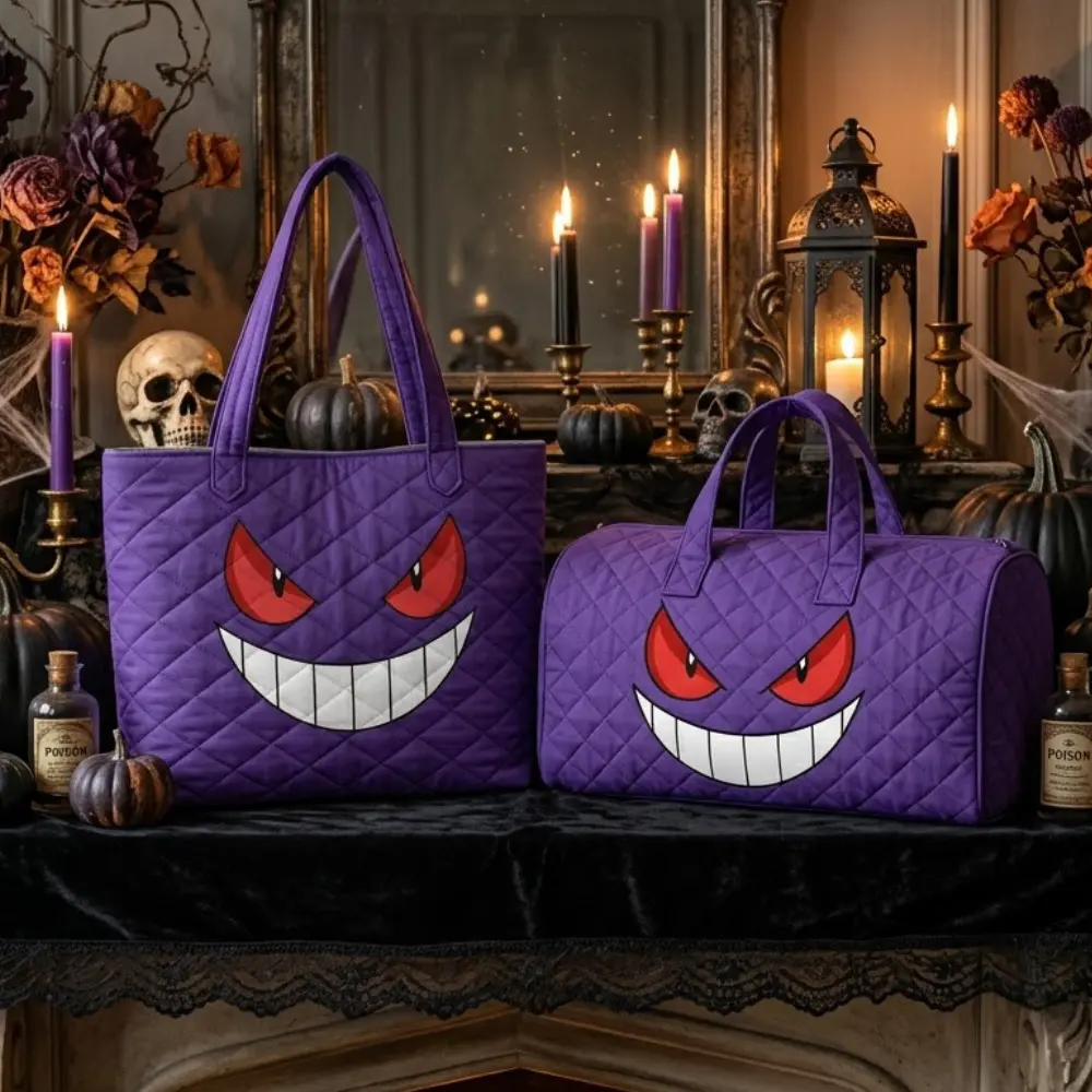 Shadow Monster Quilted Tote Bag and Weekend Bag Set, Pkm Monster Trainer Purple Ghost Face Anime Graphic Design, Gift for Halloween