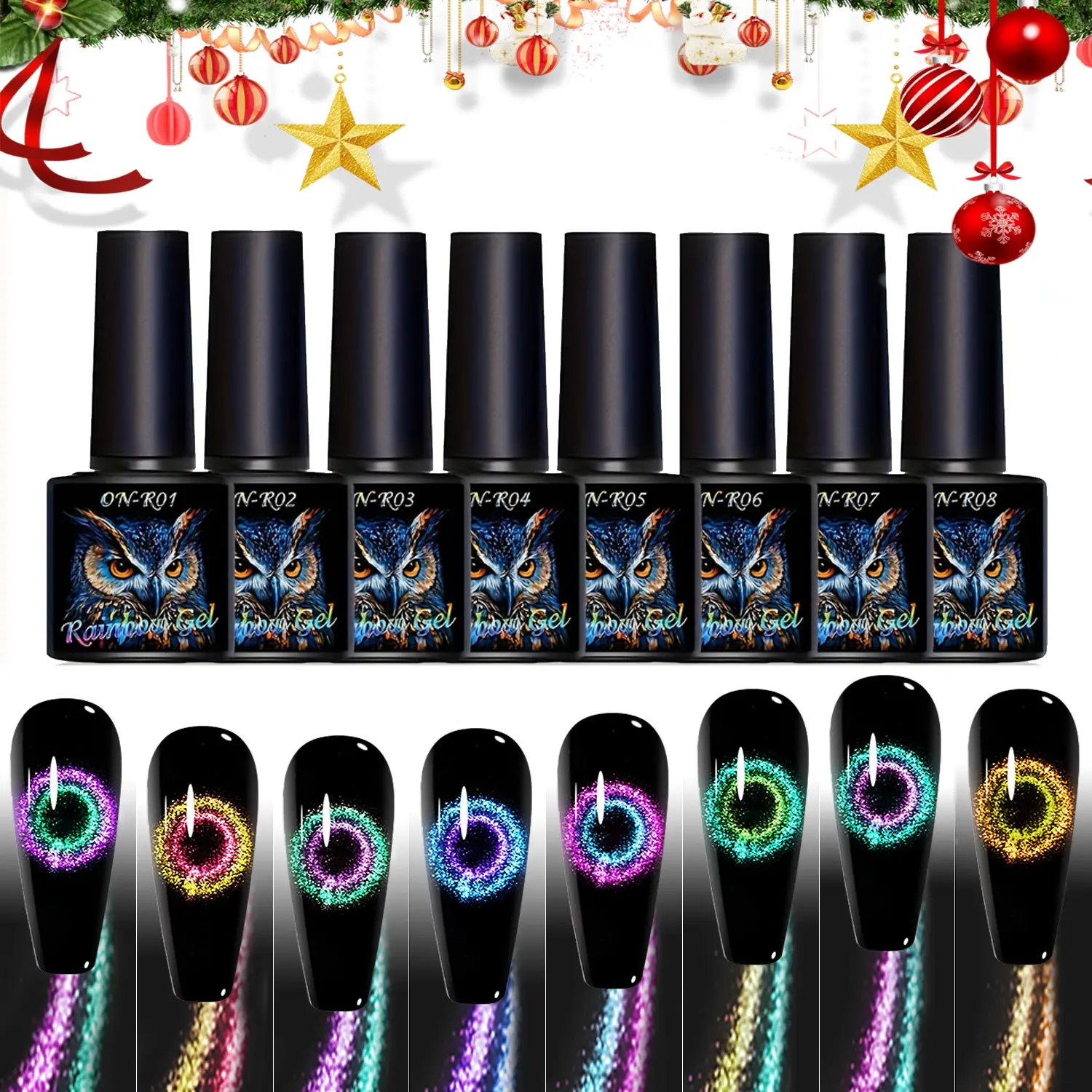 OsNailmall 8pcs/set 9D Rainbow Cat Eye Gel Nail Polish Set, Chameleon Peel-Off UV Light Gel, Galaxy Effect, Fragrance-Free & Lead-Free, Long-Lasting High Quality Nail Polish, Nail Art Manicure
