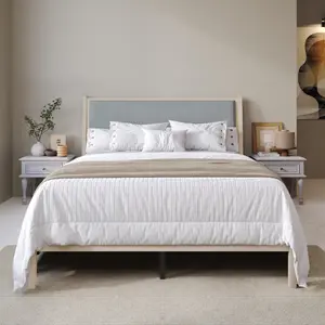 Favorer Keyser Solid Wood Platform Bed Frame, Gray Linen Headboard, Full Slat Support, No Box Spring