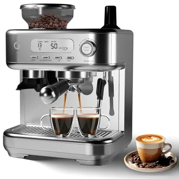 GARVEE Fully Automatic Espresso Machine with Built-in Conical Burr Grinder & Milk Frother, 15-Bar Pressure, LCD Screen with PID Control, 6 Presets, Stainless Steel Housing, 120V US, Space Gray