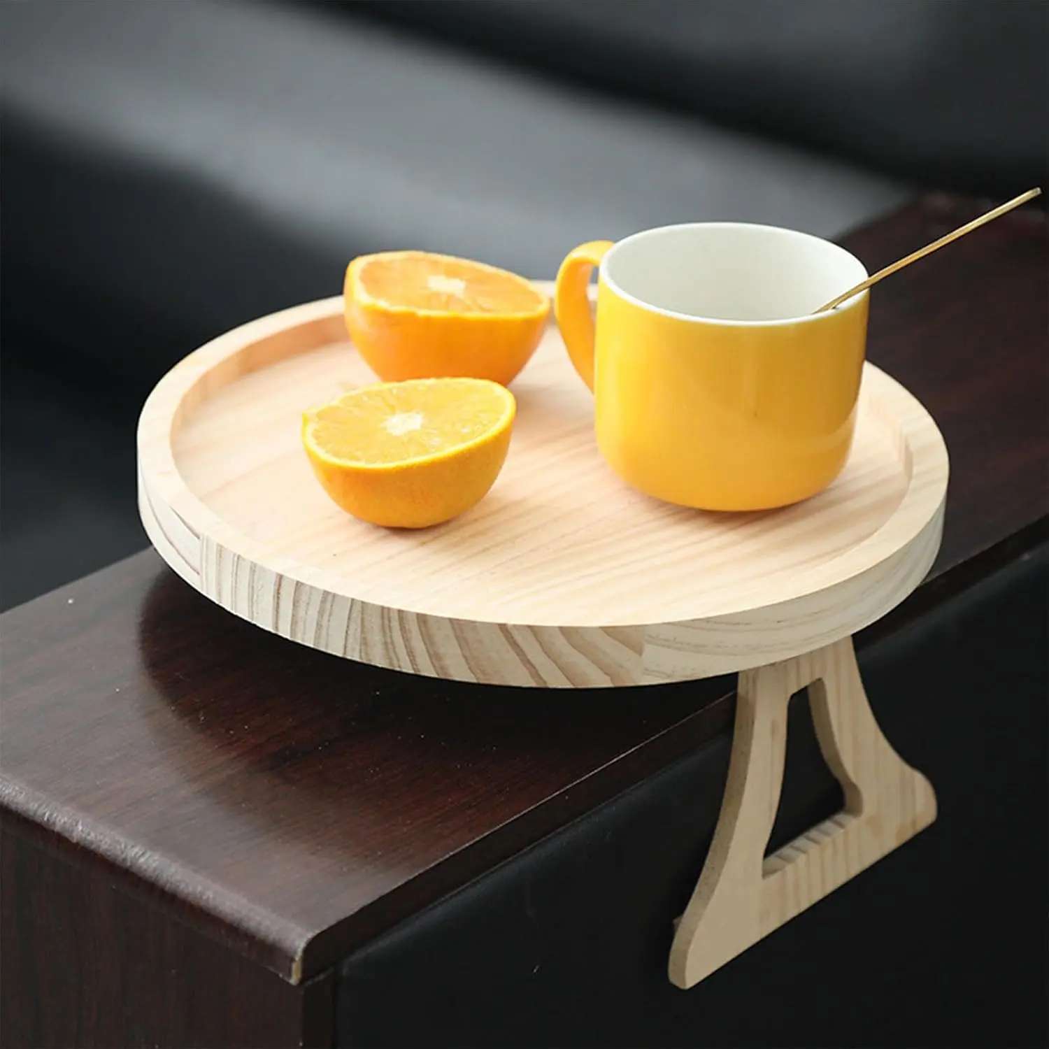 10 Inch Round Sofa Arm Tray, Natural Wood Couch Armrest Table, Clip On Side Table for Wide Couch Arm