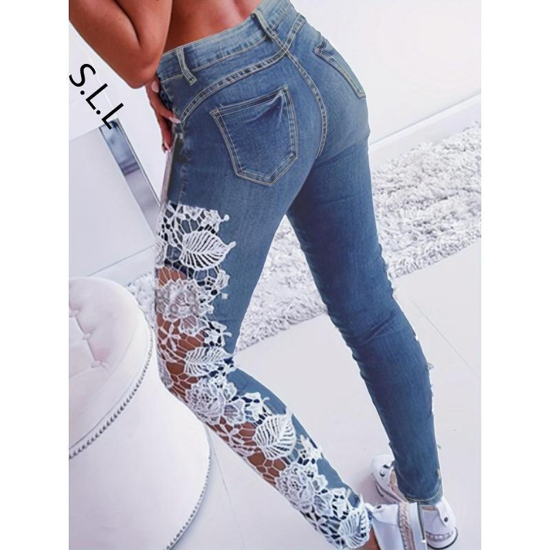 [Skinny Fit Jeans] Elegant Women's Skinny Fit Jeans |     Hollow Out Lace Contrast, Machine Washable All-Season Casual Wear, Fashion-forward Attire