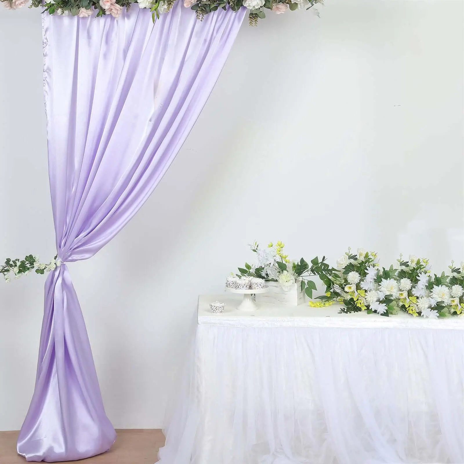 8ftx10ft Single-Side Shine Lavender Lilac Solid Satin Fabric Backdrop - Window Curtain, Machine Washable Home Supplies Divider Panel Banner for New Year's Eve, Reception