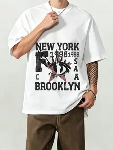 American Vintage New York Brooklyn Distressed Print Short Sleeve T-Shirt, High Street Fashion Loose Fit Drop Shoulder Unisex Top