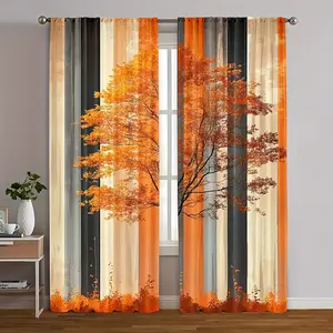 2-Piece set, rustic autumn maple leaf print curtains - with artistic autumn leaf pattern, translucent rod pocket window decoration, suitable for living room bedroom kitchen home decoration curtain set, autumn curtains.