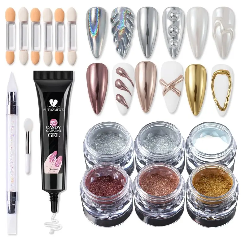 Chrome Nail Powder and 3D Nail Gel Kit, Metallic Mirror Glitter Effect Chrome Powder For Nail Art, Holographic Aurora Iridescent Dip Dust Pigment and 10g Sculpting Gel Set for Nail Decor DIY