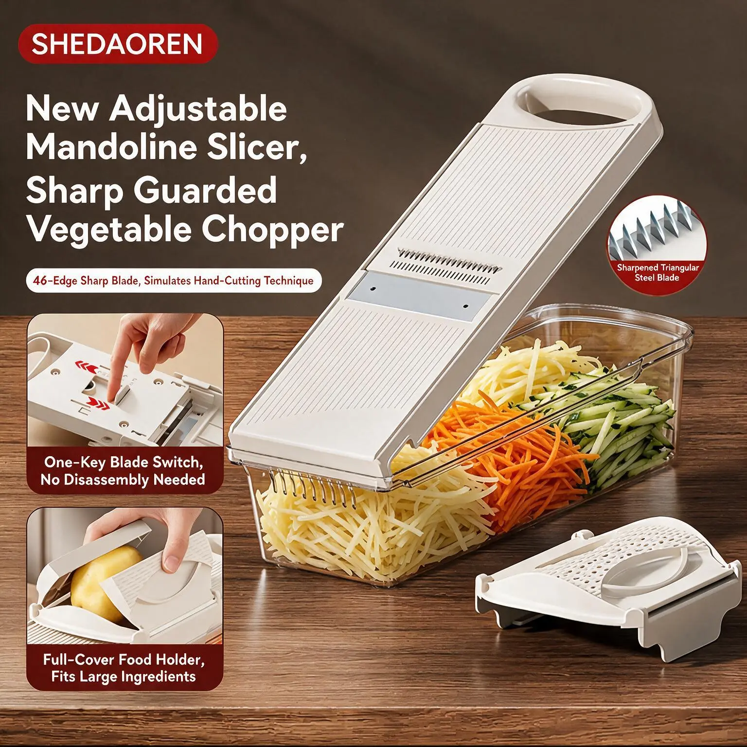 Multifunctional vegetable chopper that won’t hurt your hands, no blade changes required—for slicing, shredding, and cutting into strips at home.
