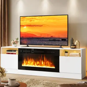 【2 Packages Shipping】oneinmil 70" Fireplace TV Stand with Two Hinged Doors for TVs UP to 80”, Modern Electric Fireplace Entertainment Center with LED Lights & Storage Cabinets, TV Stand for Living Room 80” White