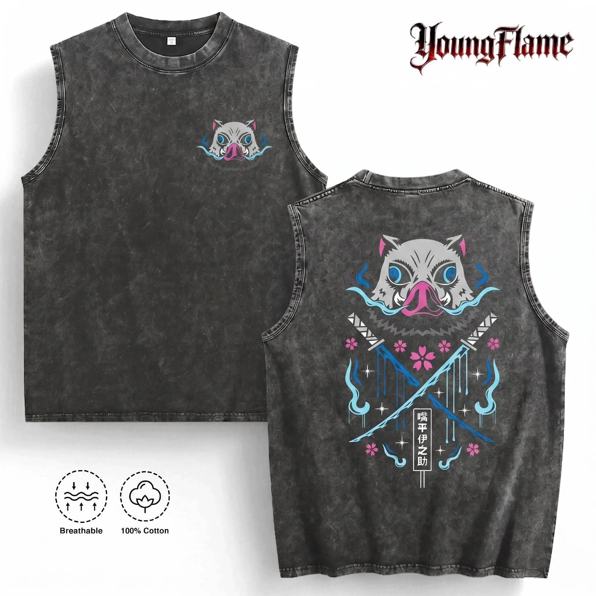 Dark Anime Boar Swordsman Sleeveless t shirts | Japanese Ninja clothing | good graphic tees Cool gifts for him unisex casual streetwear top black loose fit summer casual shirt