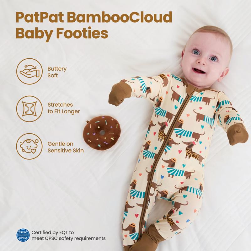 PATPAT Baby Footie Romper, Viscose from Bamboo, Long Sleeve, 2-Way Zipper, Fold-Over Mittens, Cuffs & Anti-Slip Grips