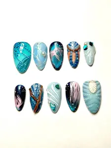Avatar inspired blue and purple painted Press On Nails, Reusable Luxury Nail Set