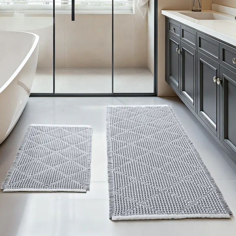Furicher 2-Piece Anti-Slip Grip Bath Mat Set, Boho Home Spa Waffle Rugs - Super Absorbent Rectangle Mats for Bathroom Decoration, Shower Use, Machine Washable Gray & White (50.8cm×114.7cm + 45.7cm×76.2cm)