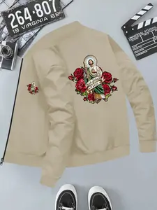 Trendy Rose Character Print Stand Collar Jacket, Versatile Daily Wear, Spring Autumn Top, Casual Long Sleeve Slim Fit
