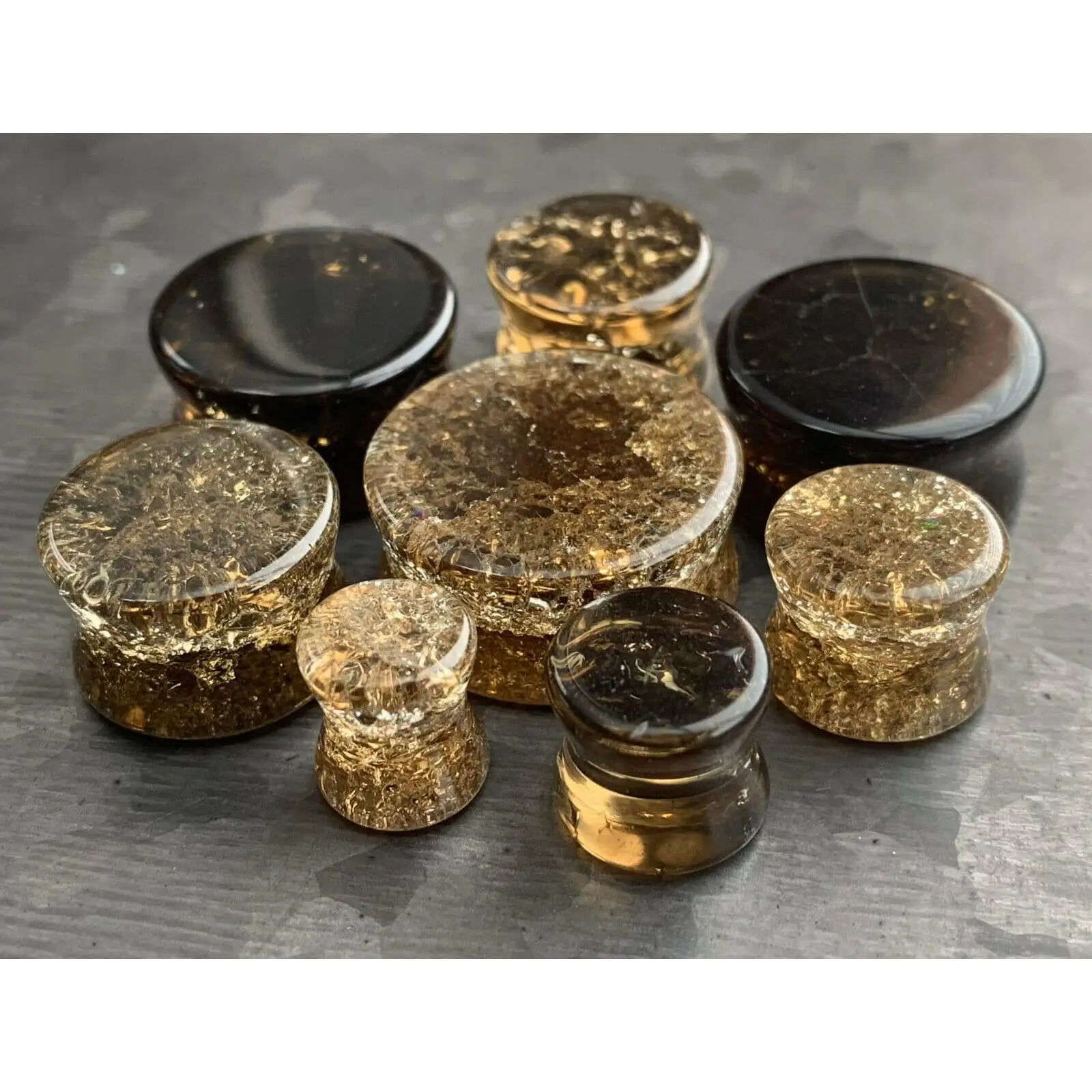 PAIR of Stunning Cracked Golden Black Glass Double Flare Plugs - Gauges 0g (8mm) through 7/8" (22mm)