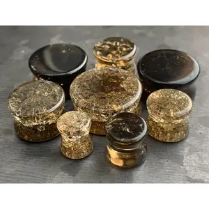 PAIR of Stunning Cracked Golden Black Glass Double Flare Plugs - Gauges 0g (8mm) through 7/8" (22mm)