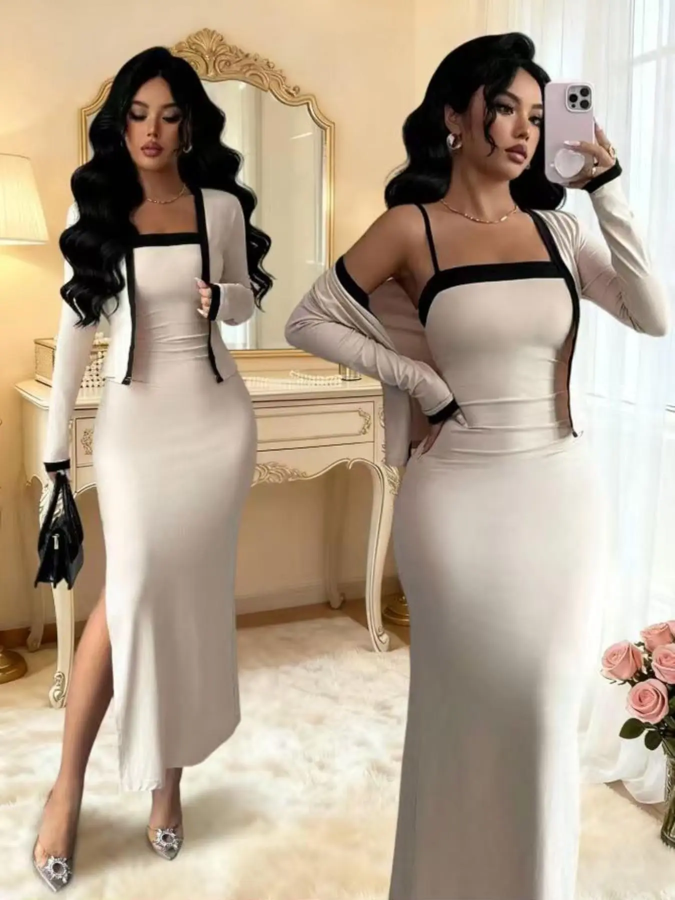 Elegant Formal Two-Piece Set for Women, Long Sleeve Cardigan & Strapless Dress, Perfect for Parties, Family Gatherings, Holidays, Daily Wear