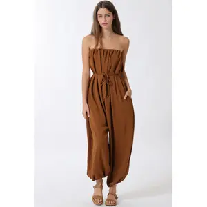 Brown Tube Belted Jumpsuit