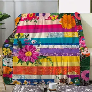Striped Floral Print Flannel Blanket  ,Soft, warm, breathable, and skin-friendly, lightweight and portable. Dual-use for cool and warm seasons, machine washable. Durable themed blanket, an ideal choice for sofas or beds, perfect for birthday gifting.