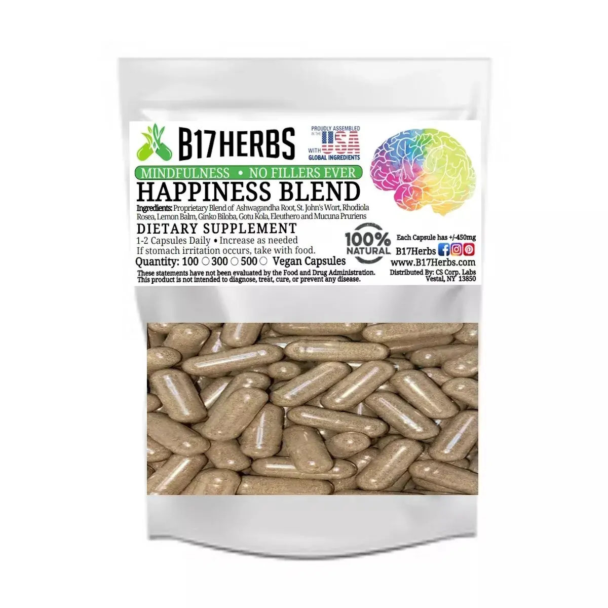 Happiness Blend - Wort, Rhodiola, Lemon Balm, Ashwagandha, Ginko, Gotu Kola 100 Veggie Capsules Happiness Blend - Wort, Rhodiola, Lemon Balm, Ashwagandha, Ginko, Gotu Kola 100 Veggie Capsules