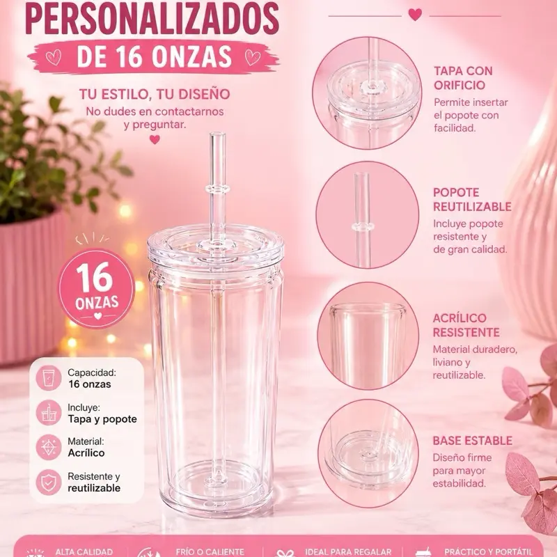 Vaso Personalizable de Acrílico Transparente – 16 Onzas con Tapa y Popote Reutiliza