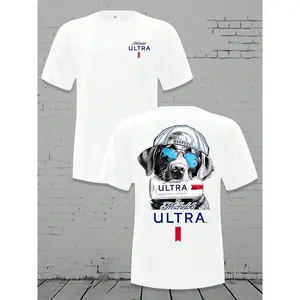Men's Loose Crewneck T - Shirt - Michelob Ultra Cool Dog (Sunglasses & Cap) Graphic, 220g Soft Cotton Tee
